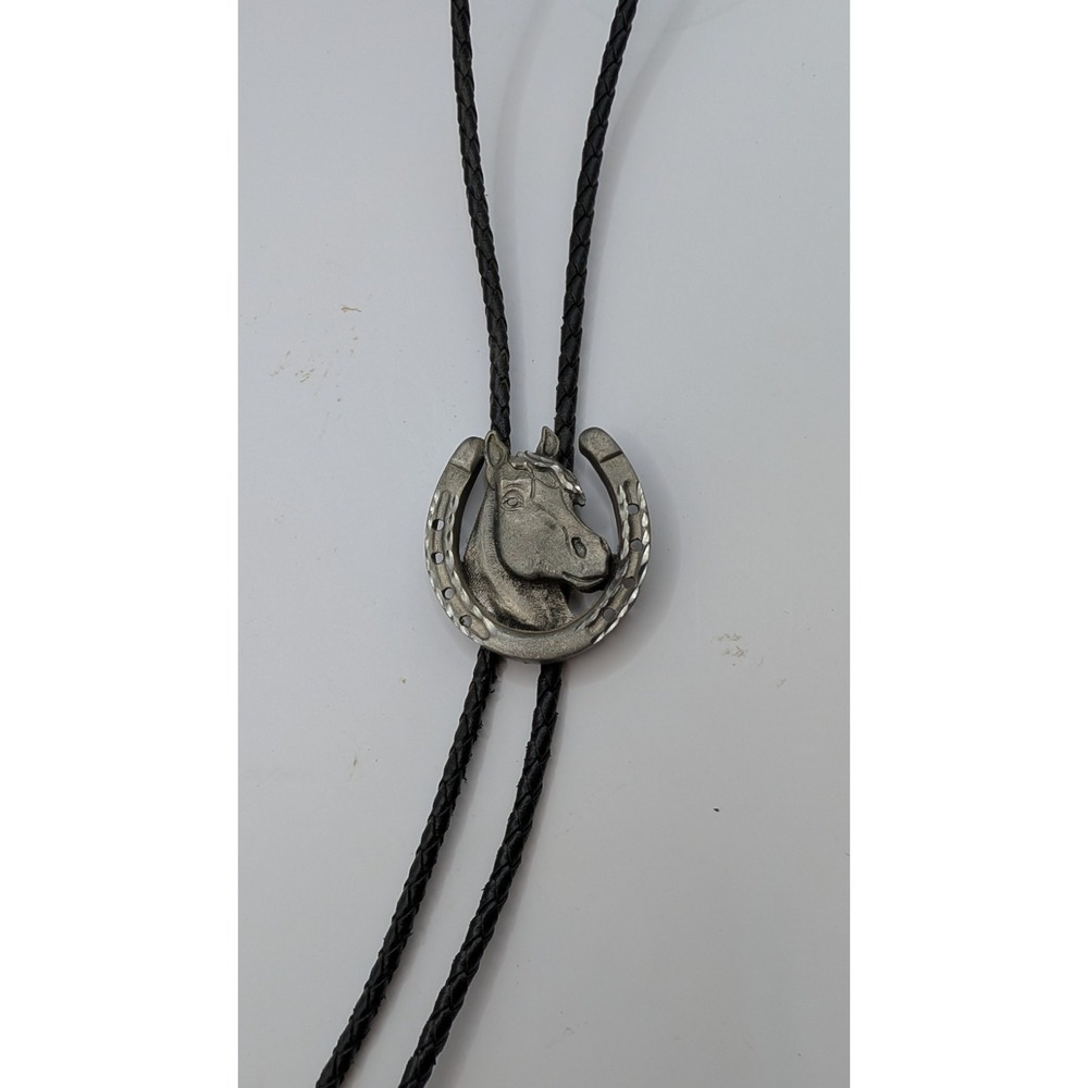 Vintage Silver Tone Horse Head Horseshoe Bolo Tie Western Braided Black Cord